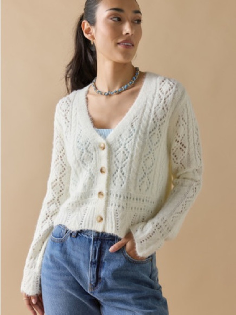 Mi Ami Cream Pointelle Knit Cropped Cardigan